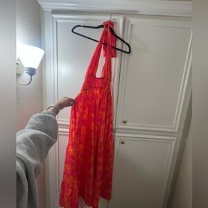 Vibrant Pink and Orange Halter Maxi Dress